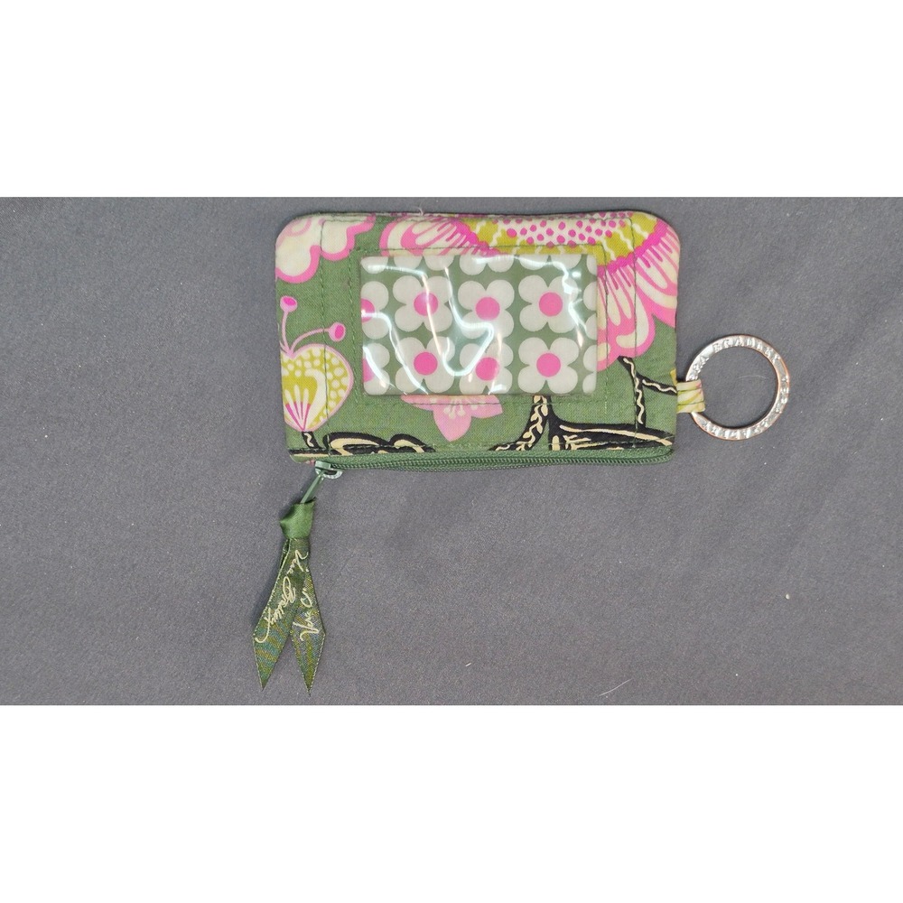 Vera Bradley ID Case Wallet Meadow Floral Green Pink Cotton Zip Key Ring Retired